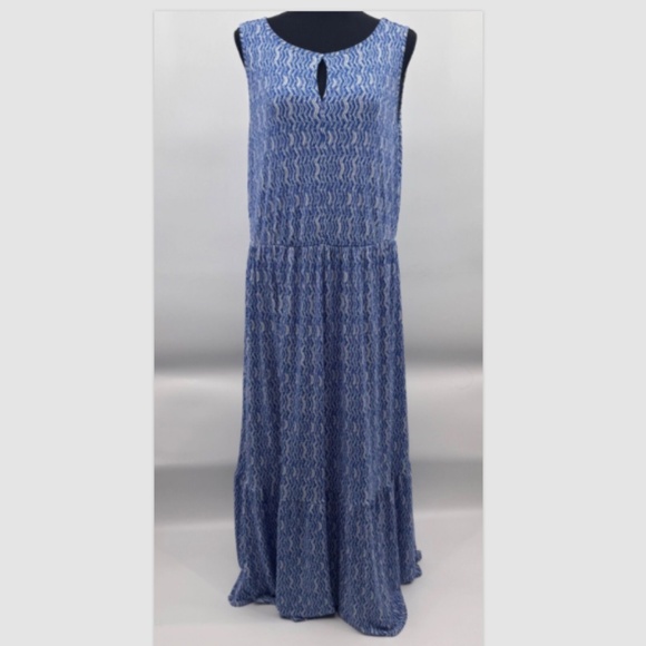 Chicos Dress Women 16/18 Blue White Pattern Stretch Maxi Tiered Sleeveless - Picture 1 of 9